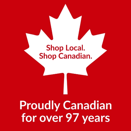 White Canadian maple leaf on a red background reading "Shop Local. Shop Canadian. Proudly Canadian for over 97 years."